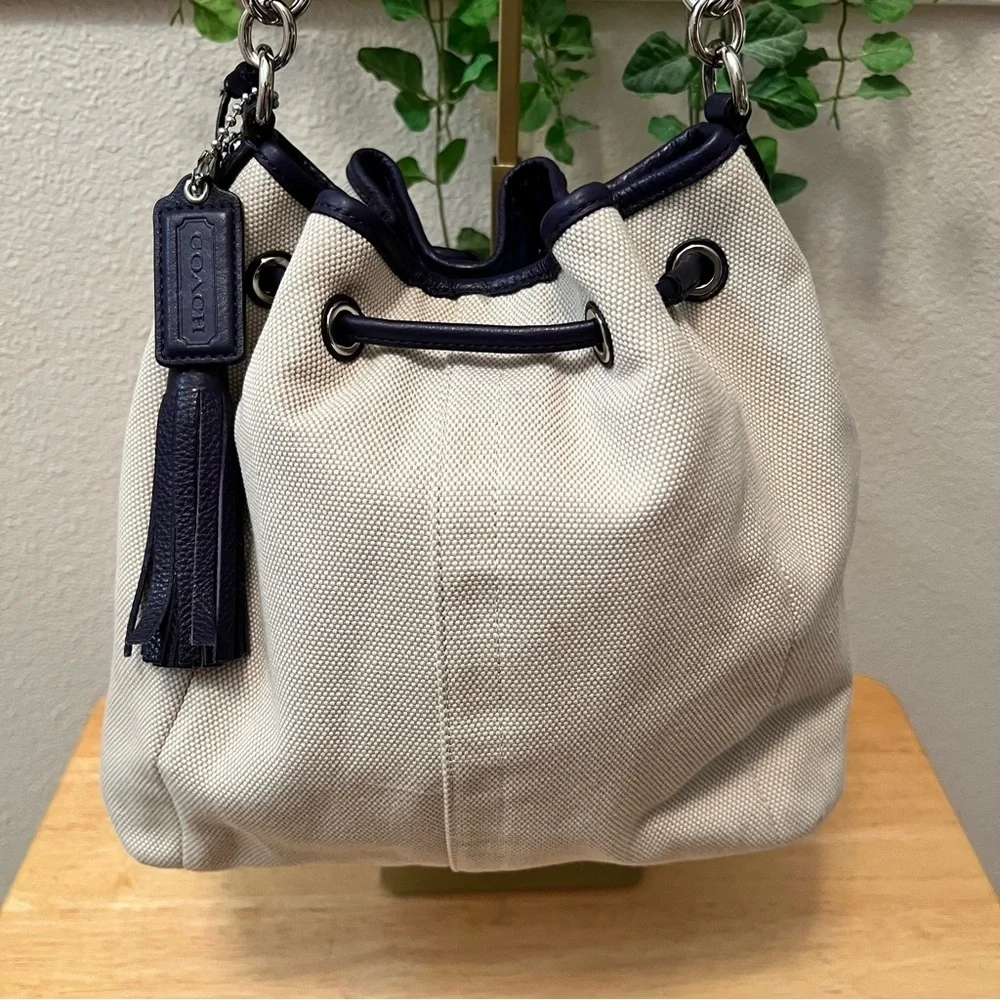 Coach Cream Navy Blue Drawstring Shoulder Bag